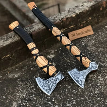 Load image into Gallery viewer, Dual Camping Hatchets Steel Heads Carved Wood Handle Balanced Set
