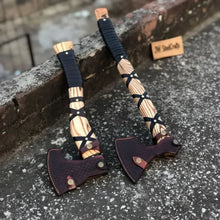 Load image into Gallery viewer, Dual Camping Hatchets Steel Heads Carved Wood Handle Balanced Set