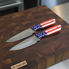 Load image into Gallery viewer, Carbon Steel Hunting Knife Set Drop Point Skinner Knives USA Flag Handles Leather Sheaths