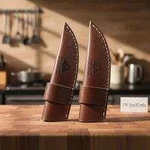 Load image into Gallery viewer, Carbon Steel Hunting Knife Set Drop Point Skinner Knives USA Flag Handles Leather Sheaths