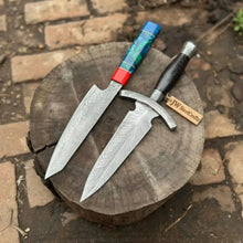 Load image into Gallery viewer, Damascus Kiritsuke &amp; Dagger Knife Set Fixed Blade Resin and Wooden Handle Japanese European Style