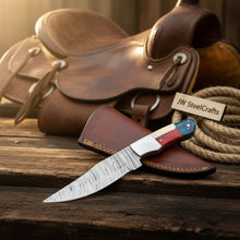 Load image into Gallery viewer, Damascus Camping Knife Fixed Blade USA Flag Resin Handle Outdoor Utility Knife with Sheath