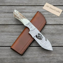 Load image into Gallery viewer, Damascus Gut Hook Hunting Knife Fixed Blade Synthetic Stag Handle with Leather Sheath