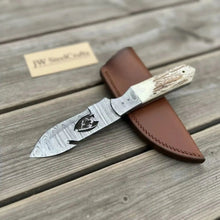 Load image into Gallery viewer, Damascus Gut Hook Hunting Knife Fixed Blade Synthetic Stag Handle with Leather Sheath