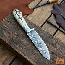 Load image into Gallery viewer, Damascus Leaf Shape Knife Traditional Synthetic Stag Handle Utility Tool