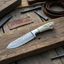 Load image into Gallery viewer, Damascus Leaf Shape Knife Traditional Synthetic Stag Handle Utility Tool