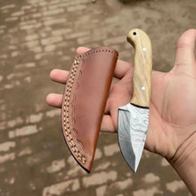 Load image into Gallery viewer, Handcrafted Damascus Steel Skinning Knife 7.5” Fixed Blade Olive Wood Handle Compact EDC with Leather Sheath