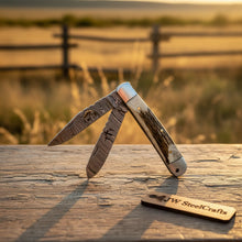 Load image into Gallery viewer, Dual-Blade Stag Slipjoint Folder knife Stag Horn Handle, Steel Bolster, Engraved Sheath