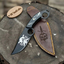 Load image into Gallery viewer, Handmade Compact Utility Ring Knife 8-Inch Skull-Etched Blade with Black Resin Handle