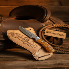 Load image into Gallery viewer, Handmade Damascus Cowboy Knife 8" Yellow Pinecone Handle Steel Bolster