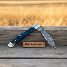 Load image into Gallery viewer, Custom Damascus Trapper Folding Knife – Blue Pakka Wood