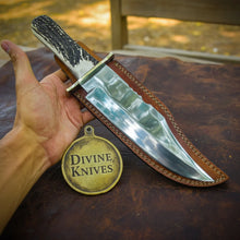 Load image into Gallery viewer, Purple Wood Handle Damascus Knife with Decorative Tooled Sheath