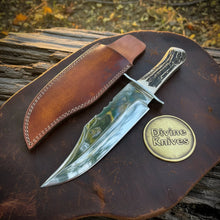 Load image into Gallery viewer, Purple Wood Handle Damascus Knife with Decorative Tooled Sheath