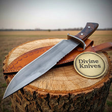 Load image into Gallery viewer, Acid Washed Damascus Knife with Wood Handle – Handcrafted Skinner with Leather Sheath