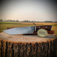 Load image into Gallery viewer, Acid Washed Damascus Knife with Wood Handle – Handcrafted Skinner with Leather Sheath