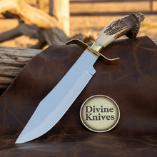 Load image into Gallery viewer, Stag Handle Hunting Knife with Drop Point Blade – Handcrafted Skinner with Crossdraw Sheath