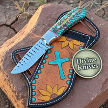 Load image into Gallery viewer, Rasp Steel Cowboy Knife with Olive and Turquoise Floral Sheath
