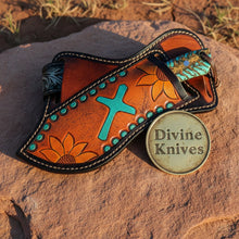 Load image into Gallery viewer, Rasp Steel Cowboy Knife with Olive and Turquoise Floral Sheath