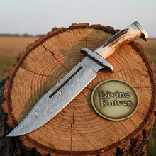 Load image into Gallery viewer, Stag Handle Damascus Bowie Knife with Laced Leather Sheath
