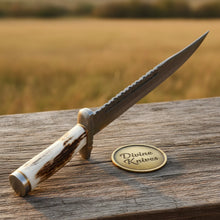 Load image into Gallery viewer, Stag Handle Damascus Bowie Knife with Laced Leather Sheath