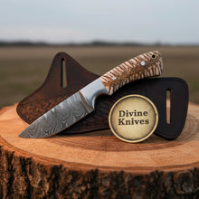 Load image into Gallery viewer, Marbled Handle Damascus Cowboy Knife with Crossdraw Sheath