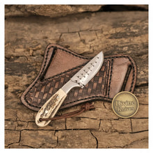 Load image into Gallery viewer, Stag Antler Damascus Bowie Knife with Belt Sheath – Handcrafted Hunting &amp; Collector's Knife