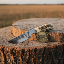 Load image into Gallery viewer, Stag Antler Damascus Bowie Knife with Belt Sheath – Handcrafted Hunting &amp; Collector's Knife