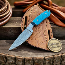Load image into Gallery viewer, Walnut Handle Damascus EDC Knife with Tooled Leather Sheath
