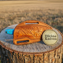Load image into Gallery viewer, Walnut Handle Damascus EDC Knife with Tooled Leather Sheath