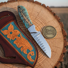 Load image into Gallery viewer, Turquoise Handle EDC Knife with Damascus Blade – Handcrafted Southwestern Pocket Skinner with Sheath