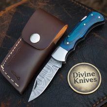 Load image into Gallery viewer, Blue Pakka Wood Handle Damascus Trapper Knife for Everyday Carry
