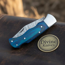 Load image into Gallery viewer, Blue Pakka Wood Handle Damascus Trapper Knife for Everyday Carry