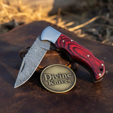 Load image into Gallery viewer, Red and Black Pakka Wood Damascus Folding Knife for Outdoor Use