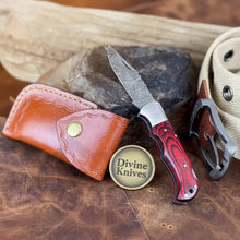 Load image into Gallery viewer, Red and Black Pakka Wood Damascus Folding Knife for Outdoor Use