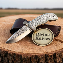 Load image into Gallery viewer, Hand Engraved Folding Knife with Carbon Steel Blade and Silver Handle