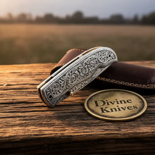 Load image into Gallery viewer, Hand Engraved Folding Knife with Carbon Steel Blade and Silver Handle