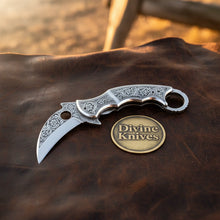 Load image into Gallery viewer, Engraved High Carbon Steel Karambit Style Knife with Mirror Polish Finish