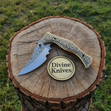 Load image into Gallery viewer, Hand-Engraved Folding Knife with Brass Handle – Handcrafted Liner Lock Pocket Knife, Art in Your Pocket