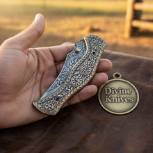 Load image into Gallery viewer, Hand-Engraved Folding Knife with Brass Handle – Handcrafted Liner Lock Pocket Knife, Art in Your Pocket