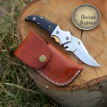 Load image into Gallery viewer, Linear Lock Folding Knife with Black Resin Handle and Cowhide Leather Sheath
