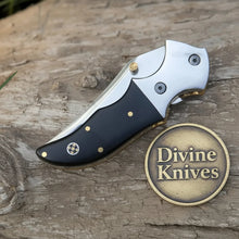 Load image into Gallery viewer, Linear Lock Folding Knife with Black Resin Handle and Cowhide Leather Sheath