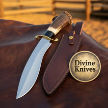 Load image into Gallery viewer, Damascus D-Guard Bowie Knife with Leather Sheath – Handcrafted Collectible Display Piece