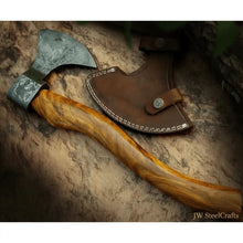Load image into Gallery viewer, Hand Engraved Norse Viking Bearded Axe with Damascus Steel Blade and Carved Hardwood Handle | JW SteelCrafts