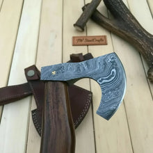 Load image into Gallery viewer, Damascus Camping Axe with Curved Rosewood Handle – Hand Forged Bushcraft Axe with Leather Sheath | JW SteelCrafts