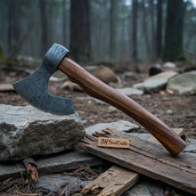 Load image into Gallery viewer, Damascus Steel Camp Axe with 19 Inch Rosewood Handle, Handmade Bushcraft Hatchet with Leather Sheath
