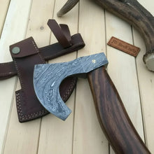 Load image into Gallery viewer, Damascus Camping Axe with Curved Rosewood Handle – Hand Forged Bushcraft Axe with Leather Sheath | JW SteelCrafts