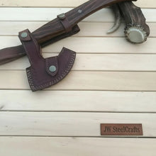 Load image into Gallery viewer, Damascus Camping Axe with Curved Rosewood Handle – Hand Forged Bushcraft Axe with Leather Sheath | JW SteelCrafts