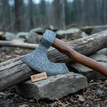 Load image into Gallery viewer, Damascus Steel Camp Axe with 19 Inch Rosewood Handle, Handmade Bushcraft Hatchet with Leather Sheath