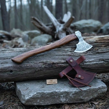 Load image into Gallery viewer, Carbon Steel Viking Bearded Axe – Hand Engraved Norse Skeggøx with Hardwood Handle, Functional Bushcraft and Camping Hatchet | JW SteelCrafts