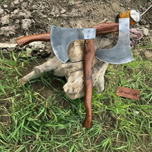 Load image into Gallery viewer, Matching Pair of Hand-Forged Damascus Bearded Axes with Curved Rosewood Handles
